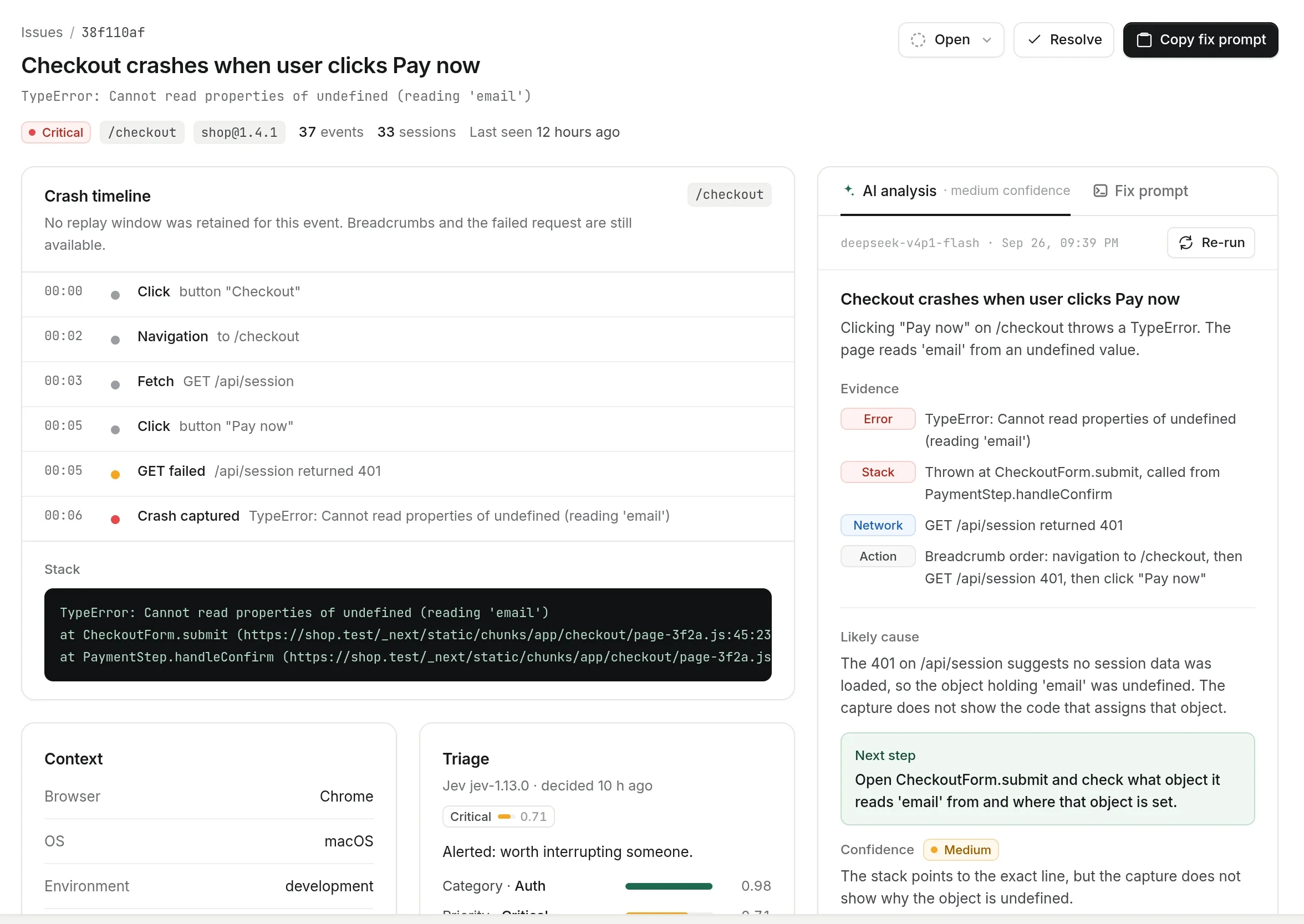 BugBash issue page for the sample issue 'Checkout crashes when user clicks Pay now' (critical, /checkout, 37 events, 33 sessions): a crash timeline ending in a failed GET /api/session that returned 401 and a captured TypeError, the stack, and an AI analysis panel with cited evidence, the likely cause, a next step and medium confidence.