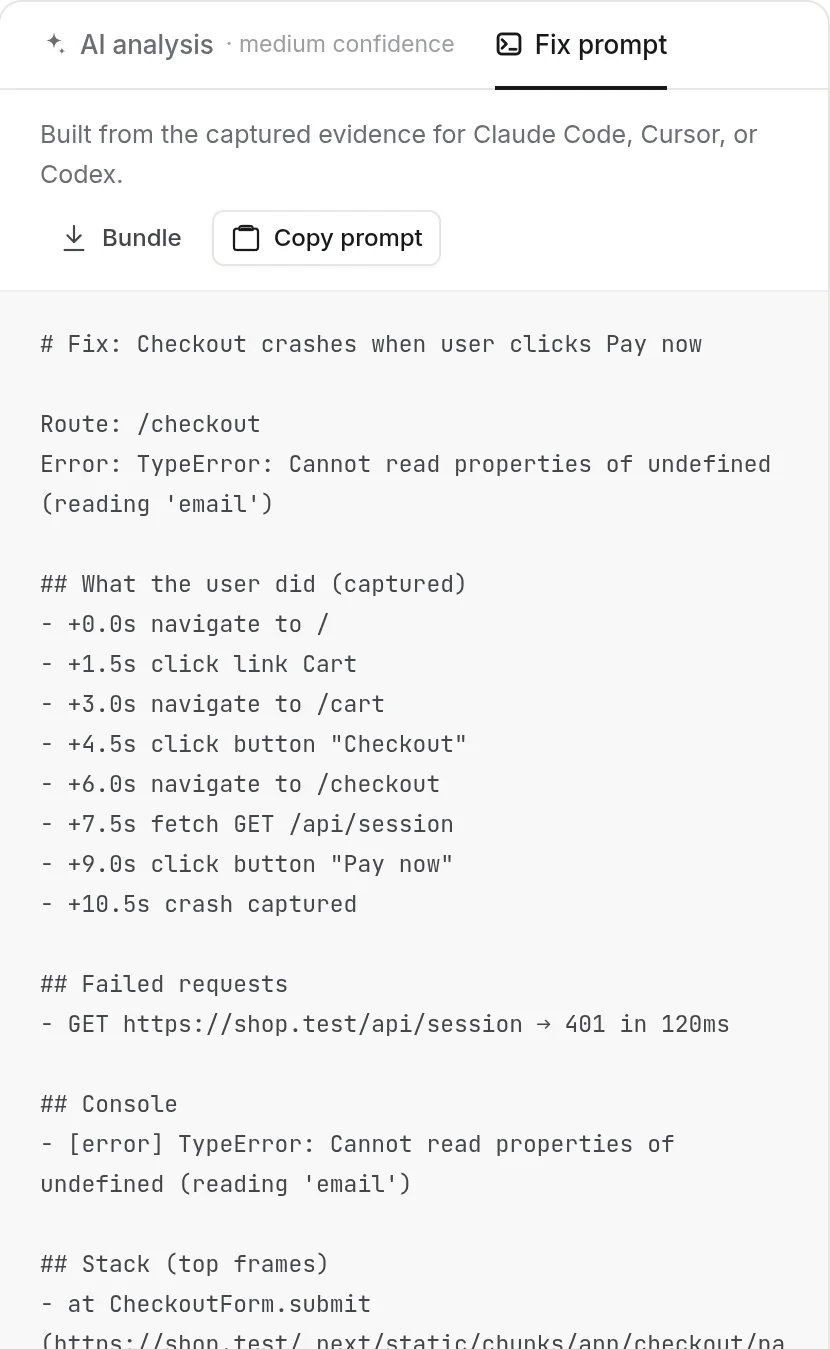 The Fix prompt tab for the sample issue: a markdown prompt with the route, the error, each step the user took with timings, the failed GET /api/session request that returned 401, the console error and the top stack frames, with Bundle and Copy prompt buttons.